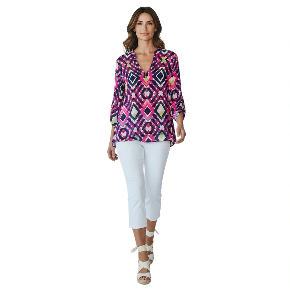 ALICE & OLIVIA Silk Colorful Geometric Print Blouse in Size Small— GORGEOUS!!! - Picture 3 of 9